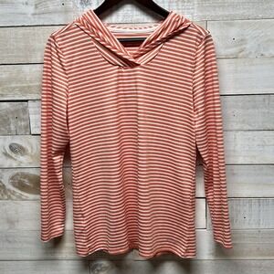 Eddie Bauer Top Womens Large Orange White Stripe Hooded Pullover‎ Long Sleeve